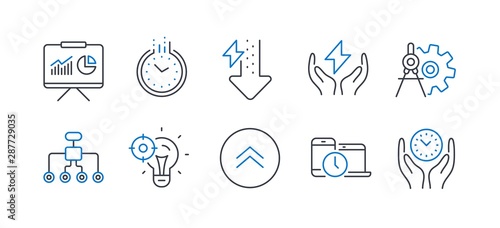 Set of Science icons, such as Time, Energy drops, Cogwheel dividers, Seo idea, Swipe up, Time management, Restructuring, Safe energy, Presentation line icons. Clock, Power usage. Vector