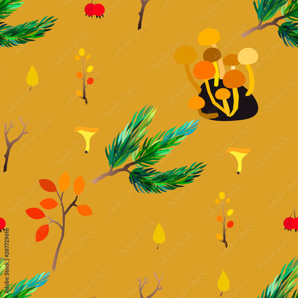 Autumn vector seamless pattern with berries, acorns, pine cone, mushrooms, branches and leaves.