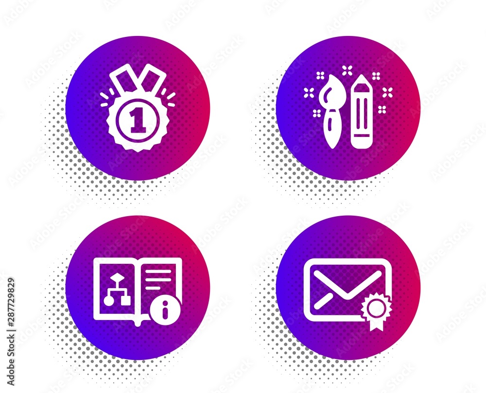 Approved, Technical algorithm and Creativity icons simple set. Halftone dots button. Verified mail sign. Winner badge, Project doc, Graphic art. Confirmed e-mail. Education set. Vector