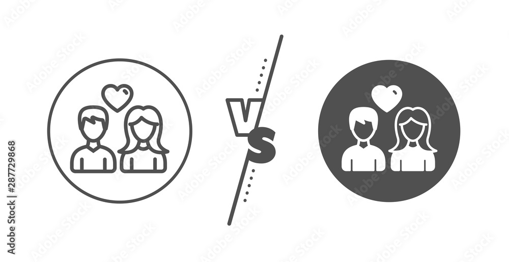 Users Group sign. Versus concept. Couple with Heart line icon. Male and Female Person silhouette symbol. Line vs classic couple love icon. Vector Users Group sign. Versus concept. Couple with Heart line icon. Male and Female Person silhouette symbol. Line vs classic couple love icon. Vector