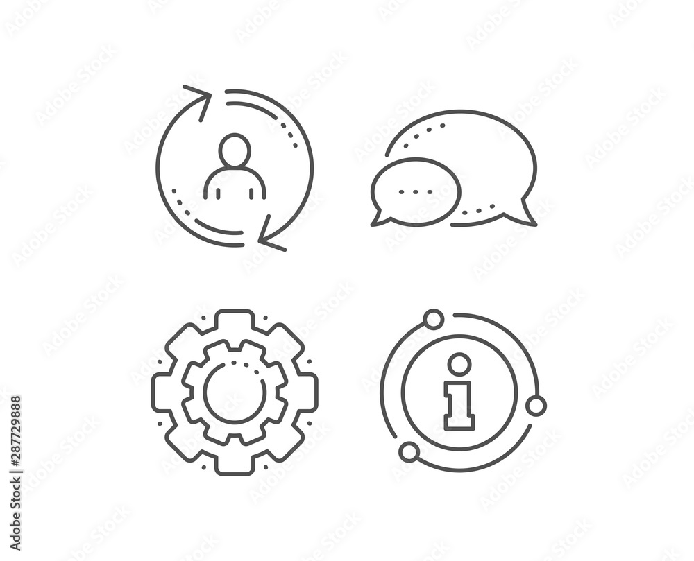 Refresh user info line icon. Chat bubble, info sign elements. Update profile sign. Linear user info outline icon. Information bubble. Vector