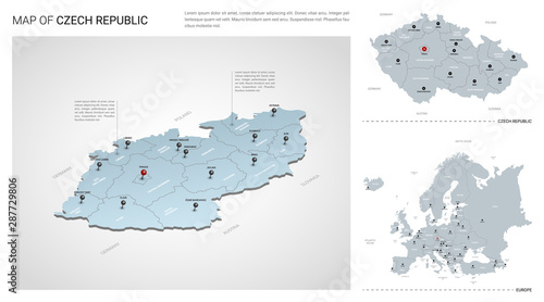 Vector set of Czech Republic country.  Isometric 3d map, Czech Republic map, Europe map - with region, state names and city names.