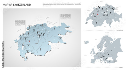 Vector set of Switzerland country. Isometric 3d map, Switzerland map, Europe map - with region, state names and city names.