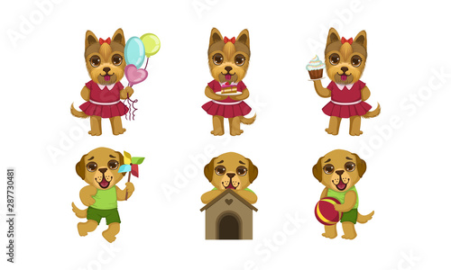 Cute Little Dogs Characters Set  Lovely Humanized Pet Animals Vector Illustration