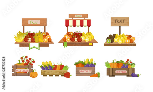 Market Stand with Fresh Organic Vegetables and Fruits in Crates Set Vector Illustration