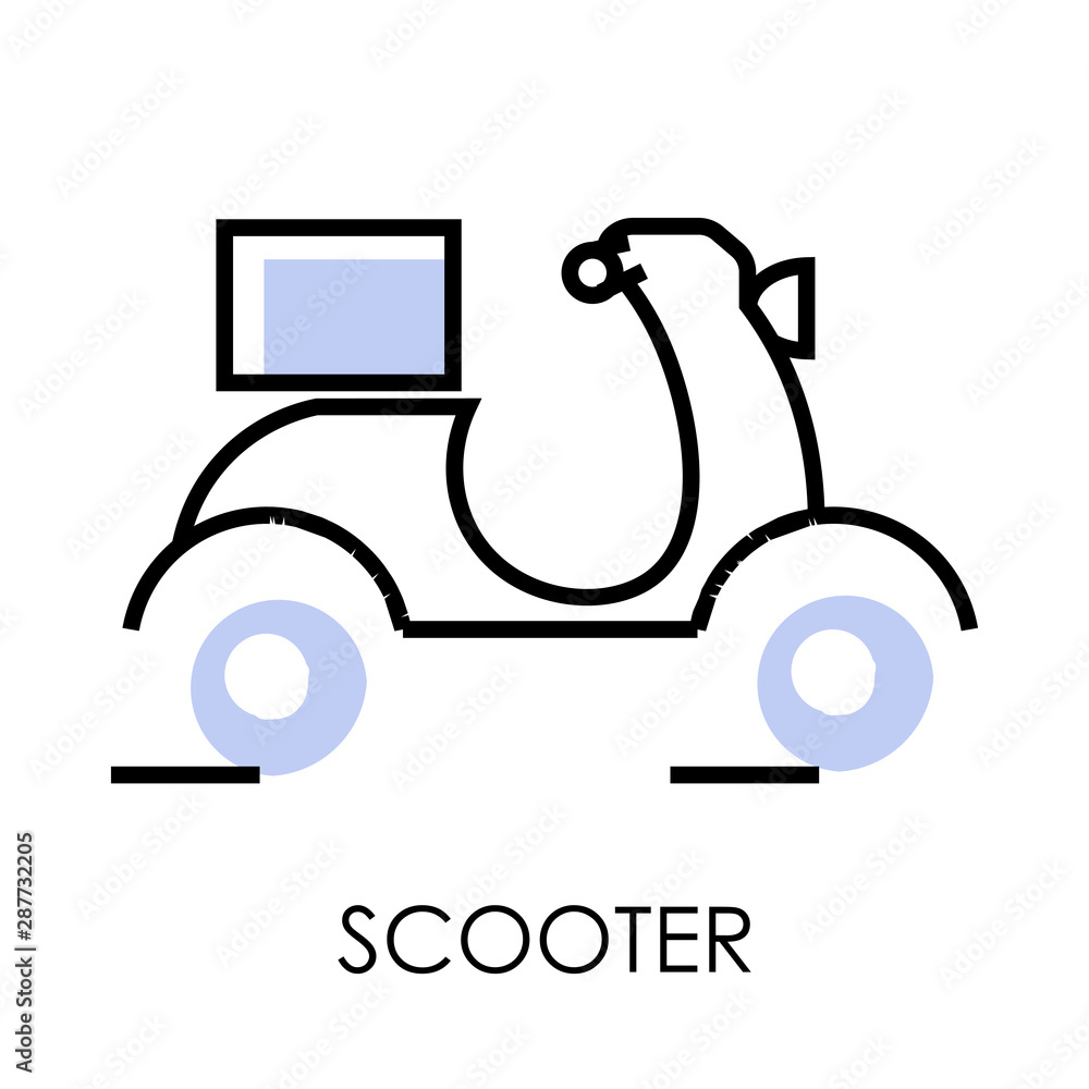 Scooter or moped, box or parcel transportation isolated icon