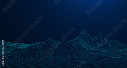 Abstract digital landscape with particles dots and stars on horizon. Wirefram...