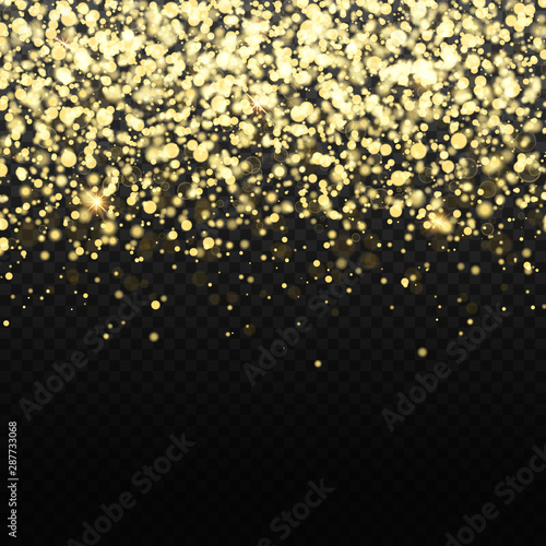 Vector gold glitter backdrop. Transparent falling golden particles. Magic and luxury Christmas or party background design.