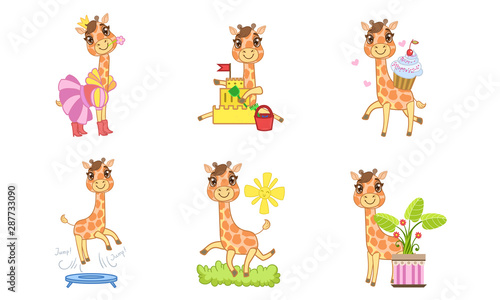 Cute Giraffe Cartoon Character Set, Adorable Animal in Different Situations Vector Illustration