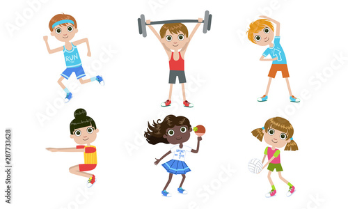 Kids Doing Different Kind of Sports Set, Boys and Girls Playing Table Tennis, Volleyball, Running, Exercising with Barbell Vector Illustration