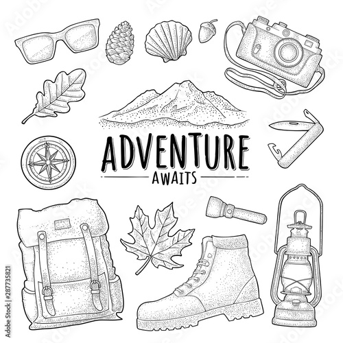 Travel set for outdoor recreation. Vector vintage engraving
