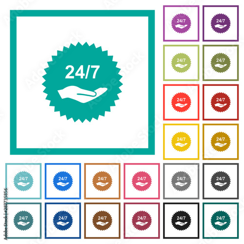 24 hours seven service sticker flat color icons with quadrant frames