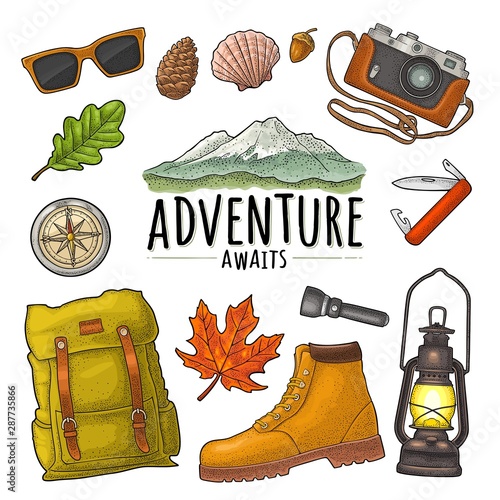 Travel set for outdoor recreation. Vector vintage engraving