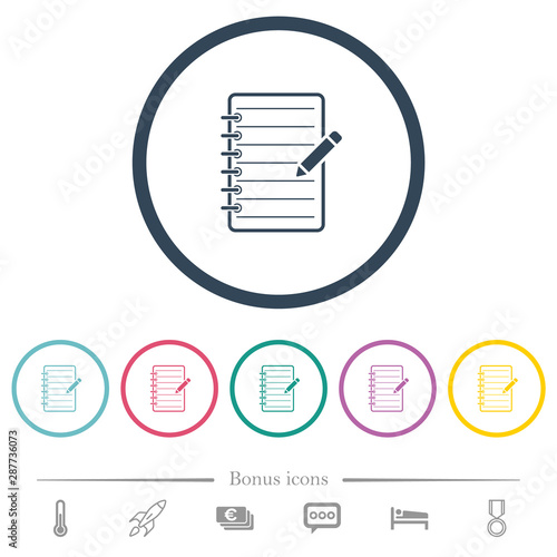 Spiral notepad with pencil flat color icons in round outlines © botond1977