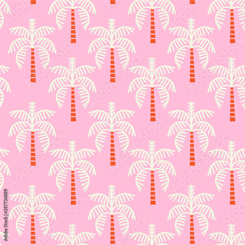 Palm trees icon. Seamless pattern regular repeat. Vector illustration on light pink background color