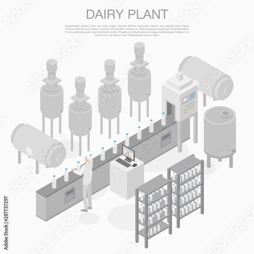 Dairy plant concept banner. Isometric illustration of dairy plant vector concept banner for web design