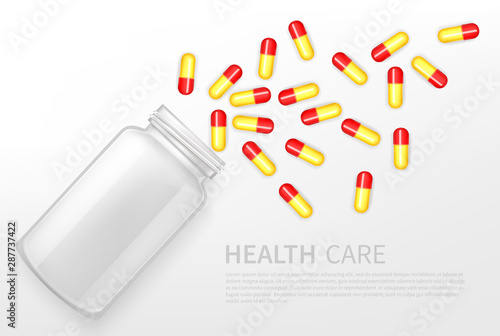 Health care service, pharmaceutical product, medical startup 3d realistic vector ad banner, poster template with pills, scattered medicines capsules, empty glass, plastic bottle for drugs illustration