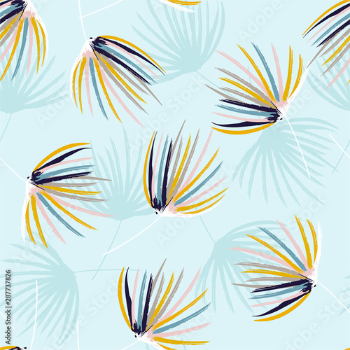 Cool pastel mood colorful hand brush sketch of palm leaves seamless pattern in vector .Design feor fashion, fabric, web,wallpaper, wrappidng and all prints