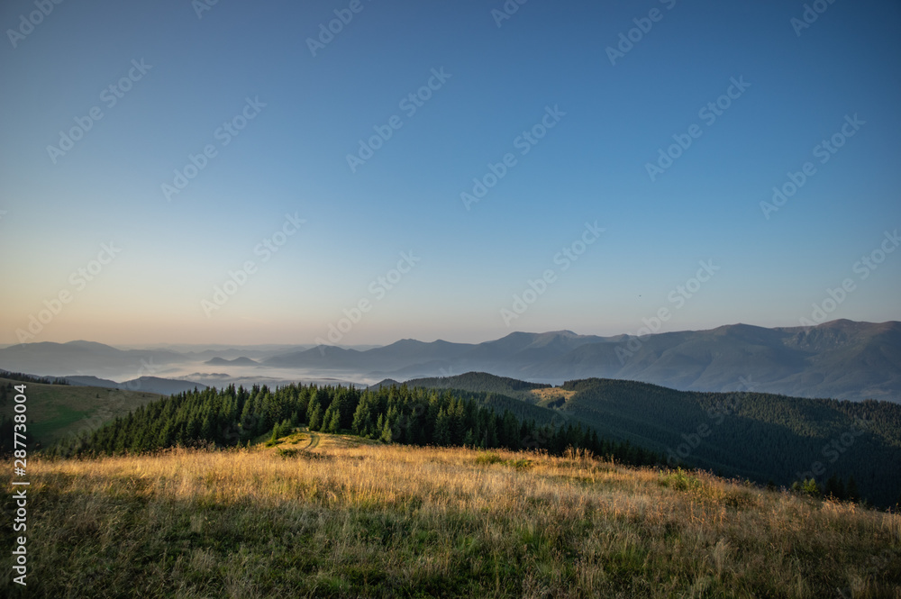 Misty summer morning in the mountains