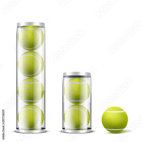 New, felt tennis balls in different amount, transparent plastic cans, containers with metallic lid 3d realistic vector objects set isolated on white background. Racket sport inventory packaging mockup