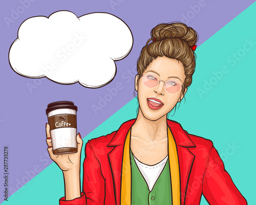 Coffee shop, cafeteria pop art vector ad banner, poster template with happy smiling, young woman in stylish clothing and pink glasses, holding paper coffee cup with plastic lid illustration, copyspace
