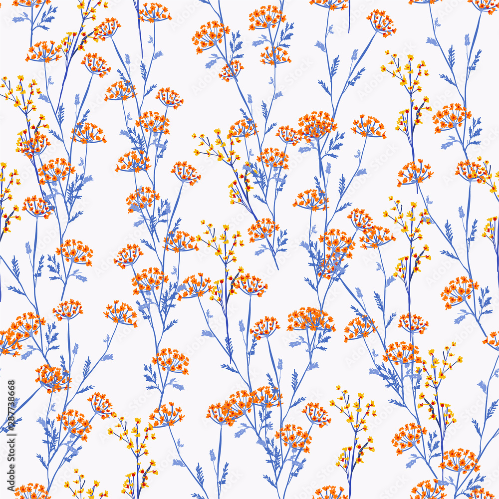 Beautiful and trendy Seamless Pattern orange and yellow meadow flowers, Isolated on light grey color. Botanical Floral Decoration