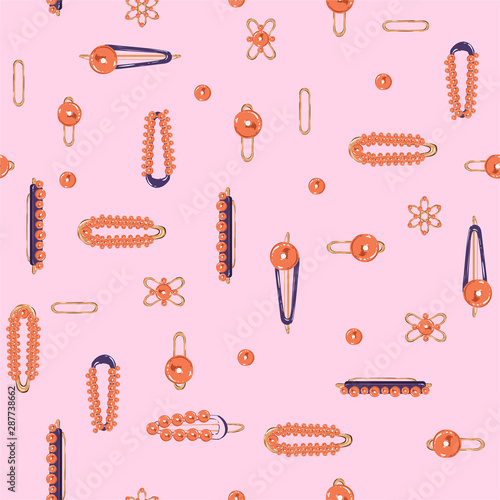 Trendy Seamless pattern vector. Set of hair accessory. Beautiful Vintage Hairpins  in orange pearl and gold metal illustration design for fashion,fabric,web,wallpaper and all prints