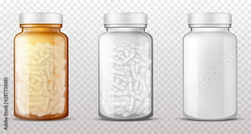 Transparent plastic, brown amber glass bottles for medicines, empty, full of pills or dragee vials closed with cap isolated 3d realistic vector illustrations. Pharmaceutical product packaging mockup