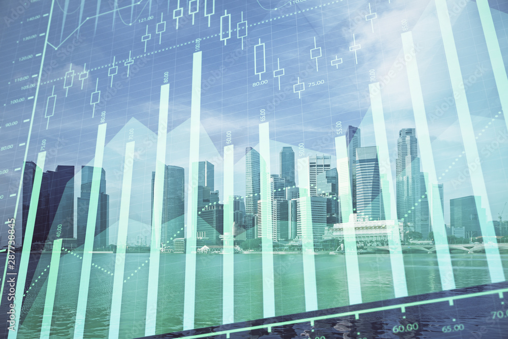 Forex chart on cityscape with tall buildings background multi exposure. Financial research concept. Forex chart on cityscape with tall buildings background multi exposure. Financial research concept.