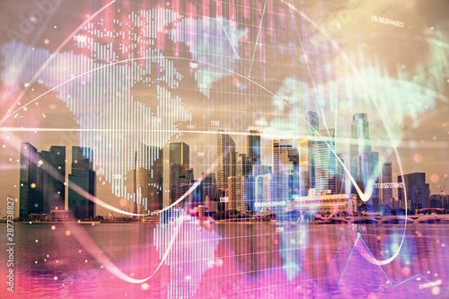 Photography Double exposure of business theme hologram drawing and city veiw background