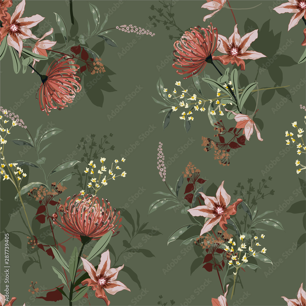 Beautiful vintage of botanical blooming garden seamless pattern in ...