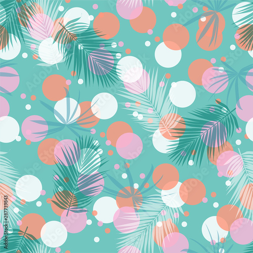 Colorful sweet pastel color with modern polka dots with tropical palm leaves in overlap layer technic ,Design for fashion, fabric, web,wallaper, and all prints