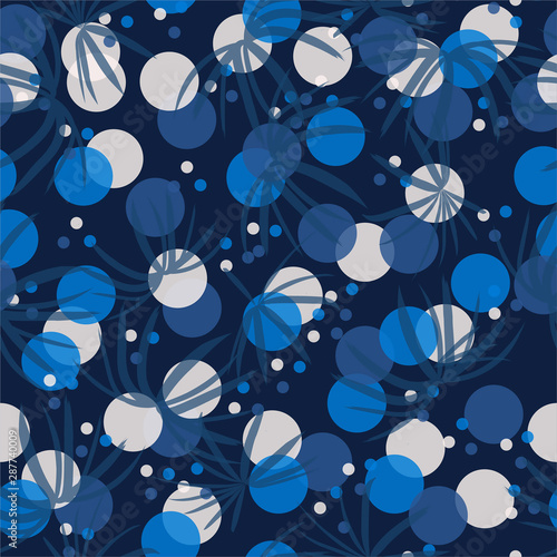 Monotone in blue shade with modern polka dots with tropical palm leaves in overlap layer technic ,Design for fashion, fabric, web,wallaper, and all prints