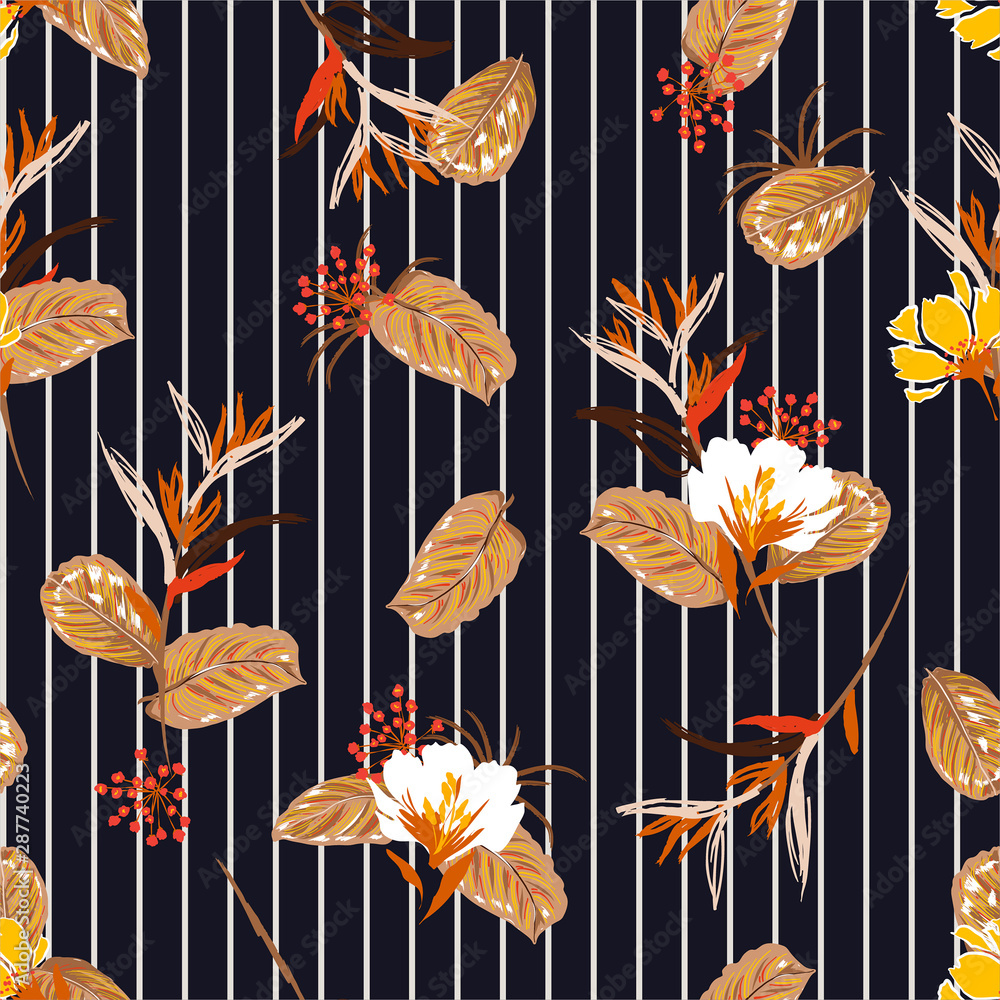 Φωτογραφία Stylish seamless vector pattern background vertical striped with Tropical with yellow hibiscus flowers, palm leaves, botanical leaf, hibiscus, bird of paradise flower