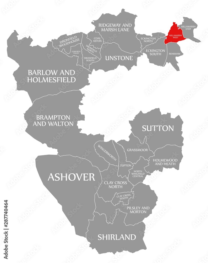 Killamarsh West red highlighted in map of North East Derbyshire district in East Midlands England UK