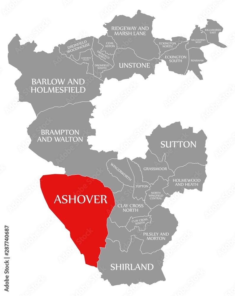 Ashover red highlighted in map of North East Derbyshire district in East Midlands England UK
