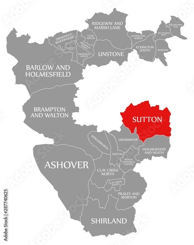 Sutton red highlighted in map of North East Derbyshire district in East Midlands England UK
