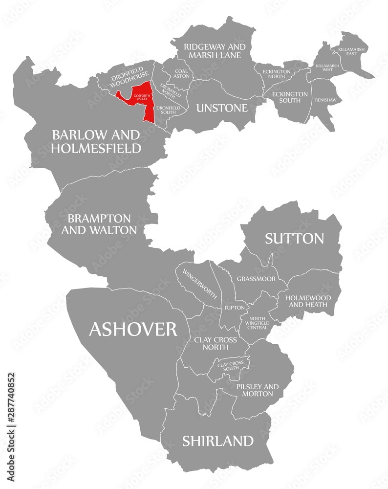 Gosforth Valley red highlighted in map of North East Derbyshire district in East Midlands England UK