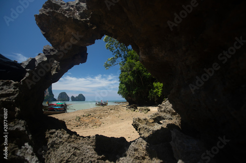 Traditional longtail boat on Tonsai beach  Thailand.