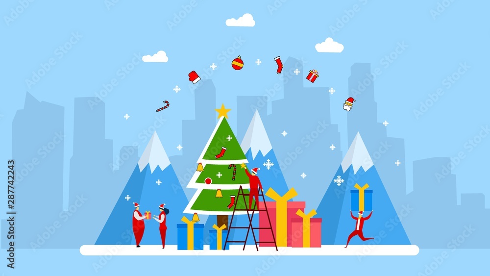 Website or landing page of Happy Christmas Moment with Tiny People Character Concept Vector Illustration, Suitable For web landing page,Wallpaper, Background, Card, banner,Book Illustration