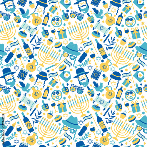 Jewish holiday Hanukkah seamless pattern with Chanukah symbols -dreidels spinning top, donuts, menorah candles, oil jar, star David illustration.