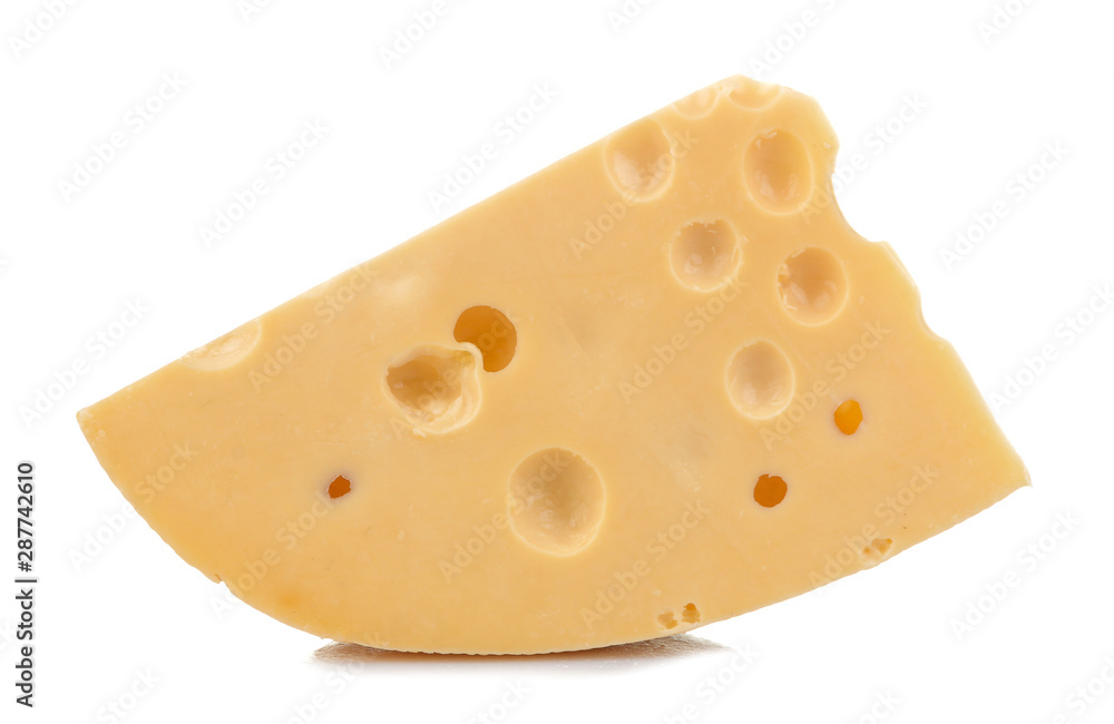 Slice of tasty Maasdam cheese with large holes on a white isolated background. close-up Slice of tasty Maasdam cheese with large holes on a white isolated background. close-up