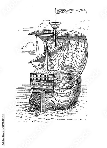The Santa Maria Columbus' flagship,a medium-sized nau similar to caravel with castle, single deck and three small masts photo
