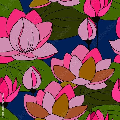 seamless pattern with flowers and lotus leaves