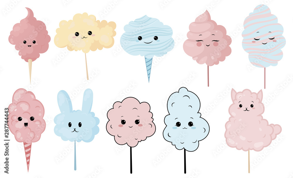 Set of cute cotton candy with a smile. Vector illustration for children