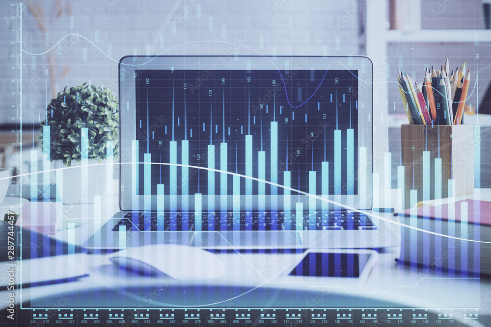 Stock market graph and table with computer background. Multi exposure. Concept of financial analysis. Stock market graph and table with computer background. Multi exposure. Concept of financial analysis.