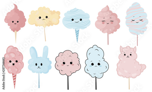 Set of cute cotton candy with a smile. Vector illustration for children.
