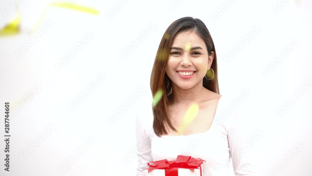Happy woman is celebrating on white background Happy woman is celebrating on white background