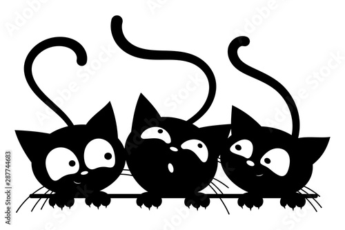 Black cats looking out the window. Cartoon cats look out of the window. Black white vector illustration for children. Tattoo.