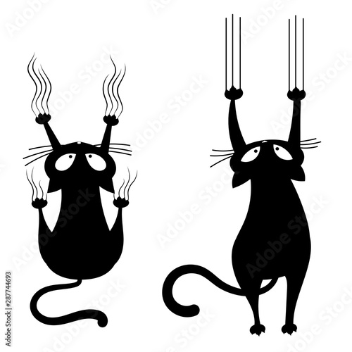 Set of black cats scratching the wall. Collection of silhouettes of cartoon cats climbing the wall. Vector illustration of a pet for kids. Tattoo.